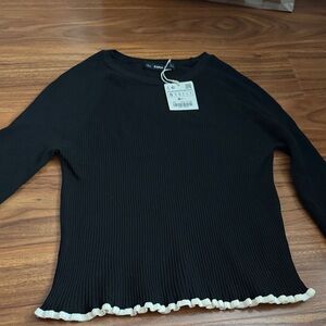 Zara Black Ribbed Top with Cream Trim